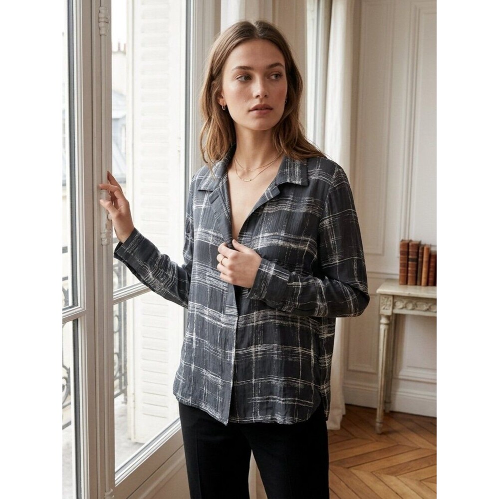 Waverly Grey Liberant Silk Dark Gray & Cream Plaid Women's Top Size 4